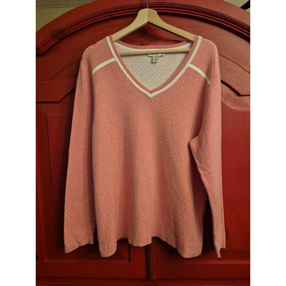 Christopher & Banks XL Coral Pink Polka Dot Sweater V Neck Long Sleeve CUTE EUC